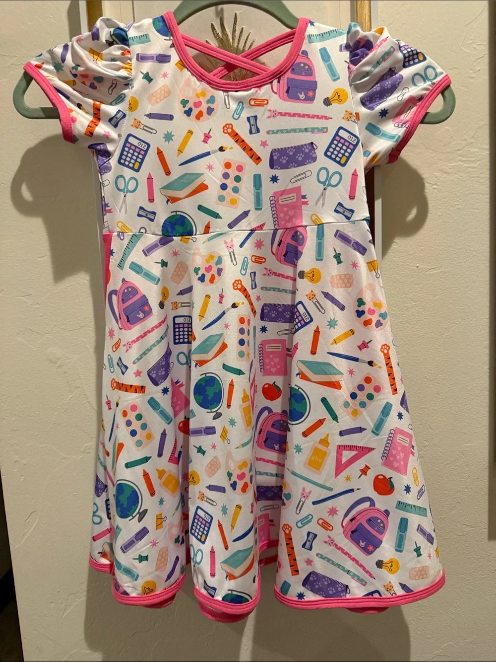 Girls' Pink School-Print Pocket Dress with Crisscross Back